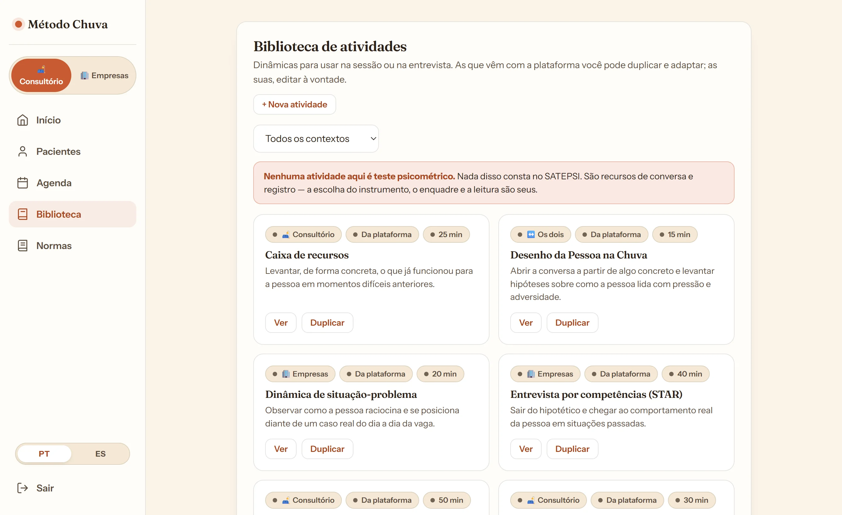 Biblioteca de atividades do Método Chuva com as dinâmicas nativas e o aviso de que nenhuma consta no SATEPSI